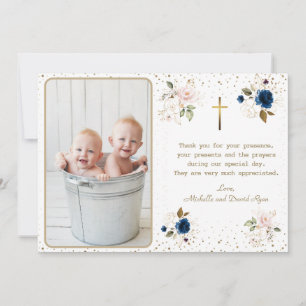 Elegant Blue Pink Gold Flowers Twins Photo Baptism Thank You Card