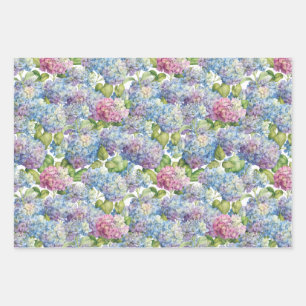 Elegant Blue Pink Hydrangea Floral Pattern Wrapping Paper Sheets