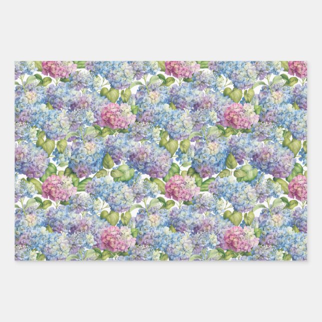 Elegant Blue Pink Hydrangea Floral Pattern Wrapping Paper Sheets (Front)