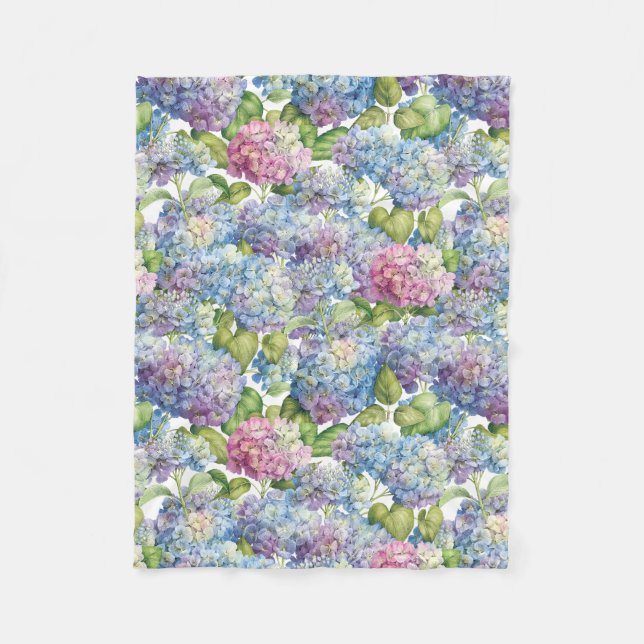 Elegant Blue Pink Hydrangeas in Bloom Floral Fleece Blanket (Front)