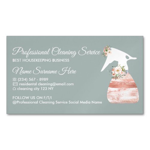 Elegant Blue Pink Maid Spray Flower Cleaning Business Card Magnet
