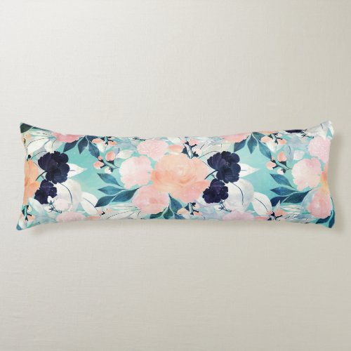 Elegant Blue Pink Mint Flowers Watercolor Floral Body Pillow