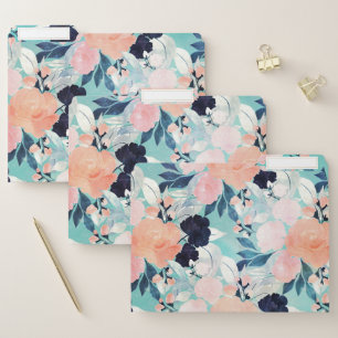Elegant Blue Pink Mint Flowers Watercolor Floral File Folder