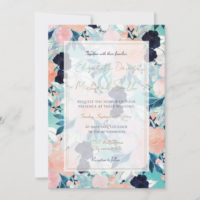 Elegant Blue Pink Mint Flowers Watercolor Floral Invitation (Front)
