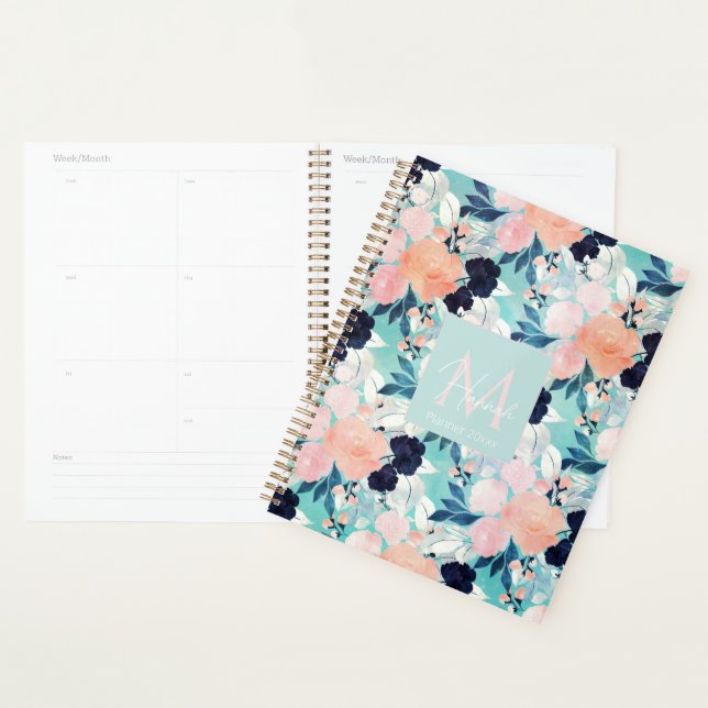 Elegant Blue Pink Mint Flowers Watercolor Floral Planner (Display)