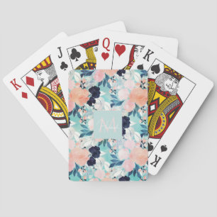 Elegant Blue Pink Mint Flowers Watercolor Floral Poker Cards