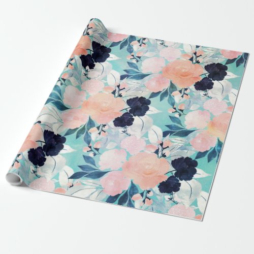 Elegant Blue Pink Mint Flowers Watercolor Floral Wrapping Paper