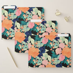 Elegant Blue Pink Orange Flowers Black Floral File Folder