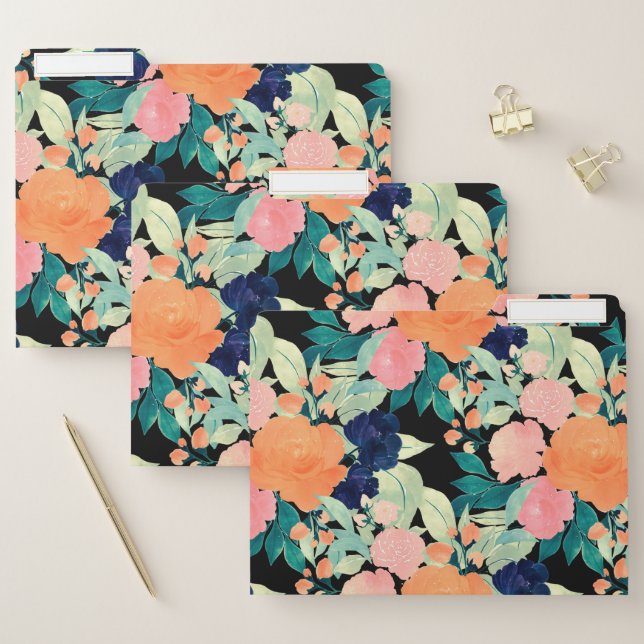 Elegant Blue Pink Orange Flowers Black Floral File Folder (Set)
