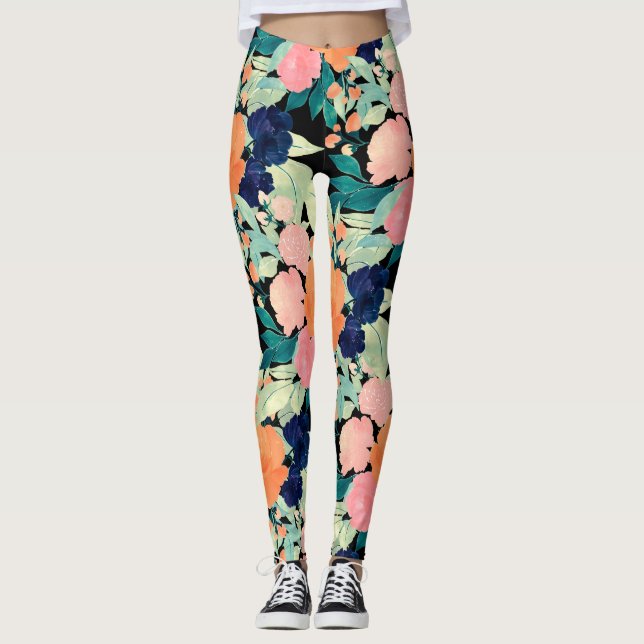 Elegant Blue Pink Orange Flowers Black Floral Leggings (Front)