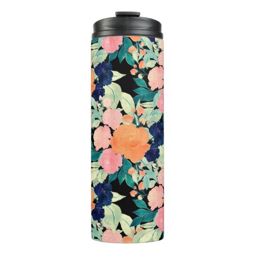 Elegant Blue Pink Orange Flowers Black Floral Thermal Tumbler