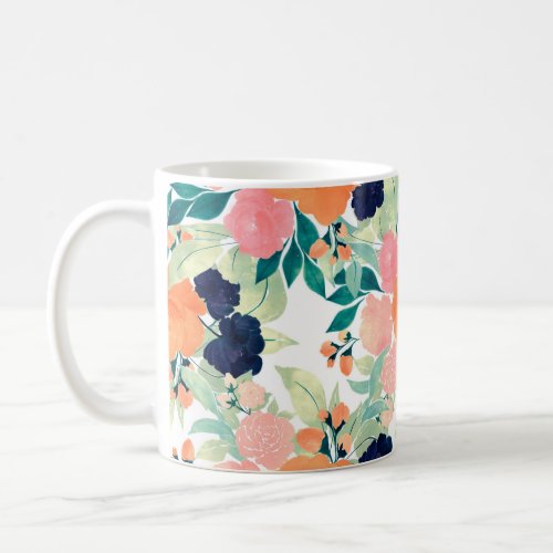 Elegant Blue Pink Orange Flowers Watercolor Floral Coffee Mug