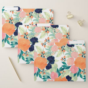 Elegant Blue Pink Orange Flowers Watercolor Floral File Folder