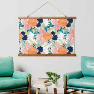 Elegant Blue Pink Orange Flowers Watercolor Floral Hanging Tapestry