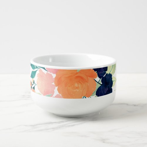 Elegant Blue Pink Orange Flowers Watercolor Floral Soup Mug