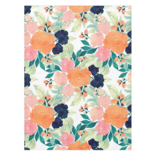 Elegant Blue Pink Orange Flowers Watercolor Floral Tablecloth