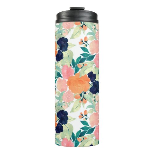 Elegant Blue Pink Orange Flowers Watercolor Floral Thermal Tumbler