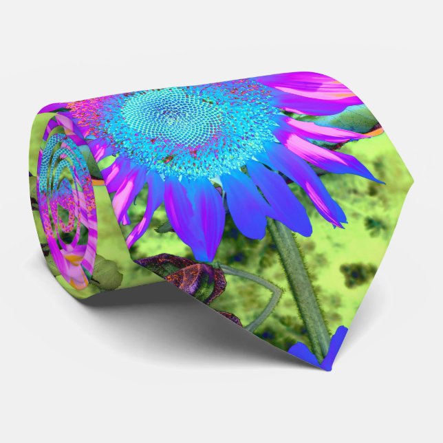 Elegant Blue pink retro funky sunflower  Neck Tie (Rolled)
