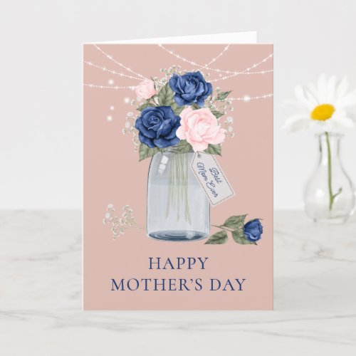 Elegant Blue Pink Rose Flower Photo Mothers Day Card