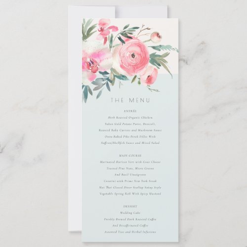 Elegant Blue Pink Rose Orchid Floral Wedding Menu Invitation