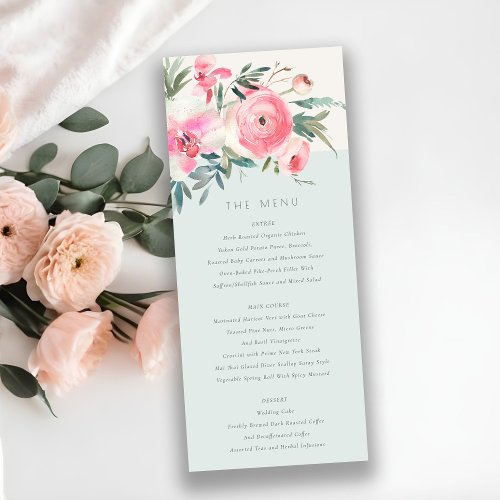 Elegant Blue Pink Rose Orchid Floral Wedding Menu Invitation