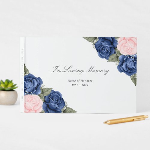 Elegant Blue Pink Roses Floral Funeral Guest Book