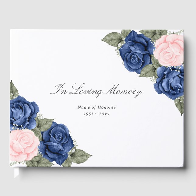 Elegant Blue Pink Roses Floral Funeral Guest Book (Front)