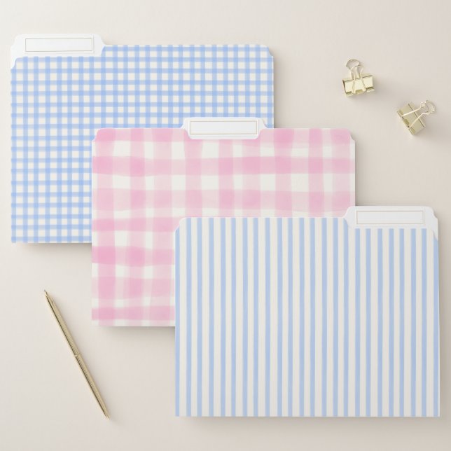 Elegant Blue Pink Stripes Gingham File Folder (Set)