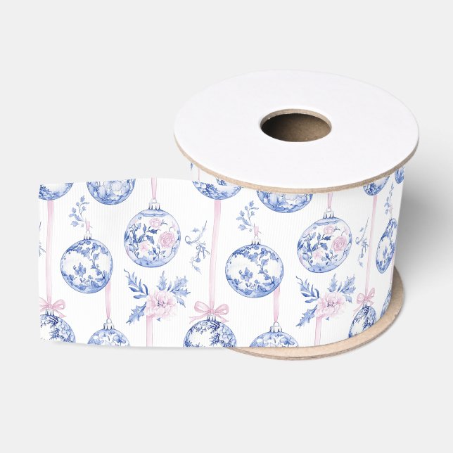 Elegant Blue & Pink Toile Christmas Ornaments Wrap Grosgrain Ribbon (Spool)