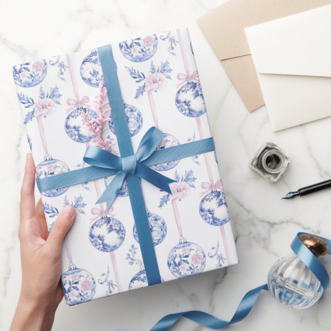 Elegant Blue & Pink Toile Christmas Ornaments Wrap Wrapping Paper (Gifting)
