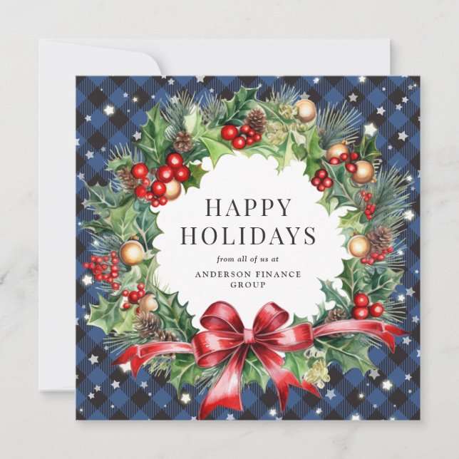 Elegant Blue Plaid Christmas Wreath Business Holiday Card (Front)