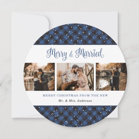 Elegant Blue Plaid Newlyweds Christmas Card