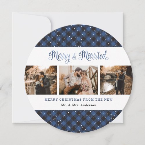 Elegant Blue Plaid Newlyweds Christmas Cards