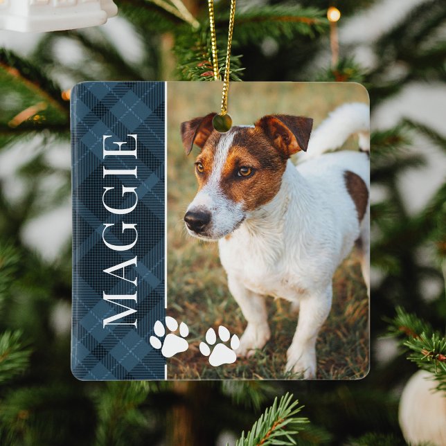 Elegant Blue Plaid Pet Name and Photo Ceramic Ornament (Creator Uploaded)