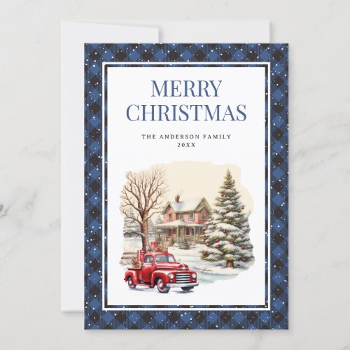 Elegant Blue Plaid Red Truck Merry Christmas Card