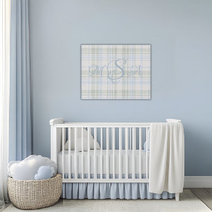 Elegant Blue Plaid Script Monogram Nursery Faux Canvas Print