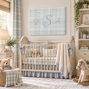 Elegant Blue Plaid Script Monogram Nursery Faux Canvas Print