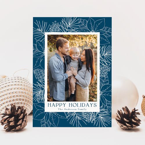 Elegant Blue Poinsettias and Pine Cones Photo Holiday Card