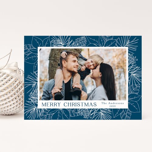 Elegant Blue Poinsettias and Pine Cones Photo Holiday Card