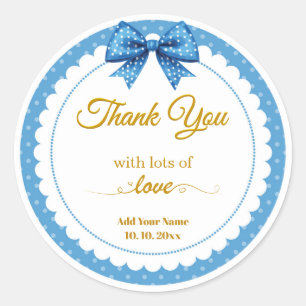 Elegant Blue Polka Dot and Bow Thank You Favor Classic Round Sticker