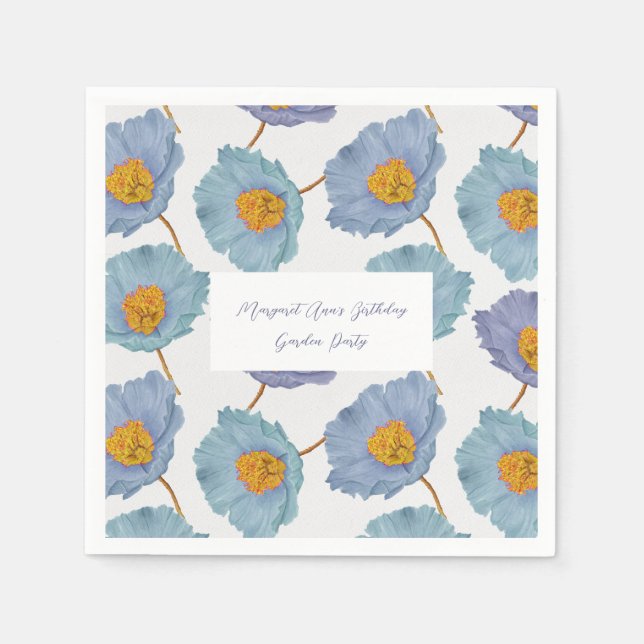 Elegant Blue Poppy Birthday Garden Party Napkins (Front)