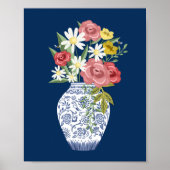 Elegant Blue Pottery Vase And Blooming Flowers Poster (Front)