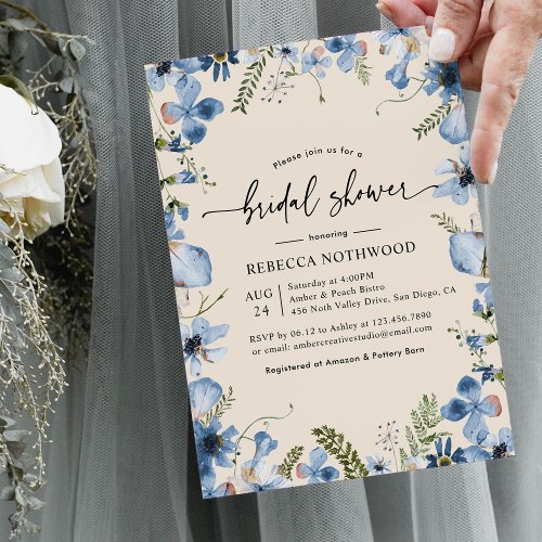 Elegant Blue Pressed Florals Beige Bridal Shower  Invitation