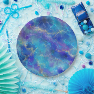 Elegant Blue, Purple, and Gold Marble Pattern Paper Plates