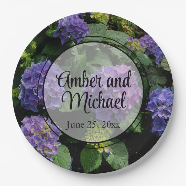 Elegant blue purple floral flower garden paper plates (Front)