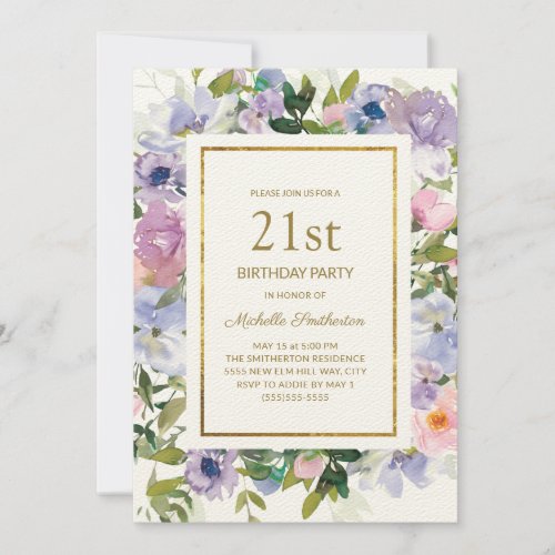 Elegant Blue Purple Floral Gold 21st Birthday Invitation