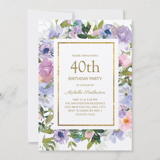 Elegant Blue Purple Floral Gold 40th Birthday Invitation (Front)