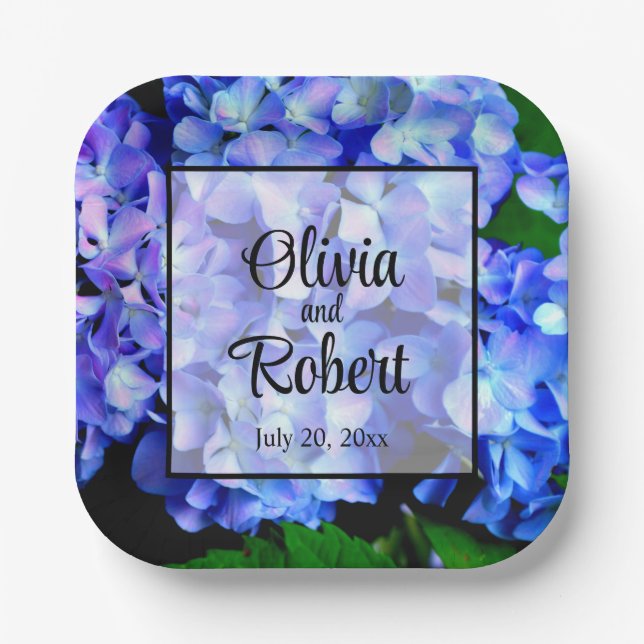 Elegant blue purple floral hydrangeas paper plates (Front)