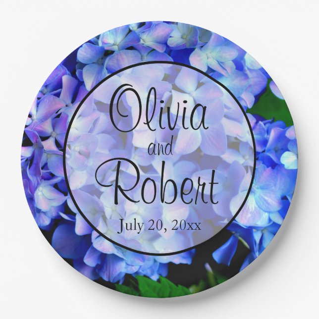Elegant blue purple floral hydrangeas paper plates (Front)