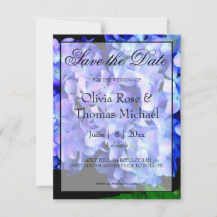 Elegant blue purple floral hydrangeas save the date